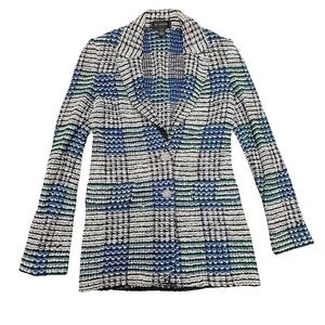 ST JOHN Womens Knit Blazer Jacket Multi Color Plaid Button Front Size 0